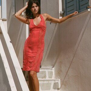 With Jean Red Halter Dress with Lace Accents